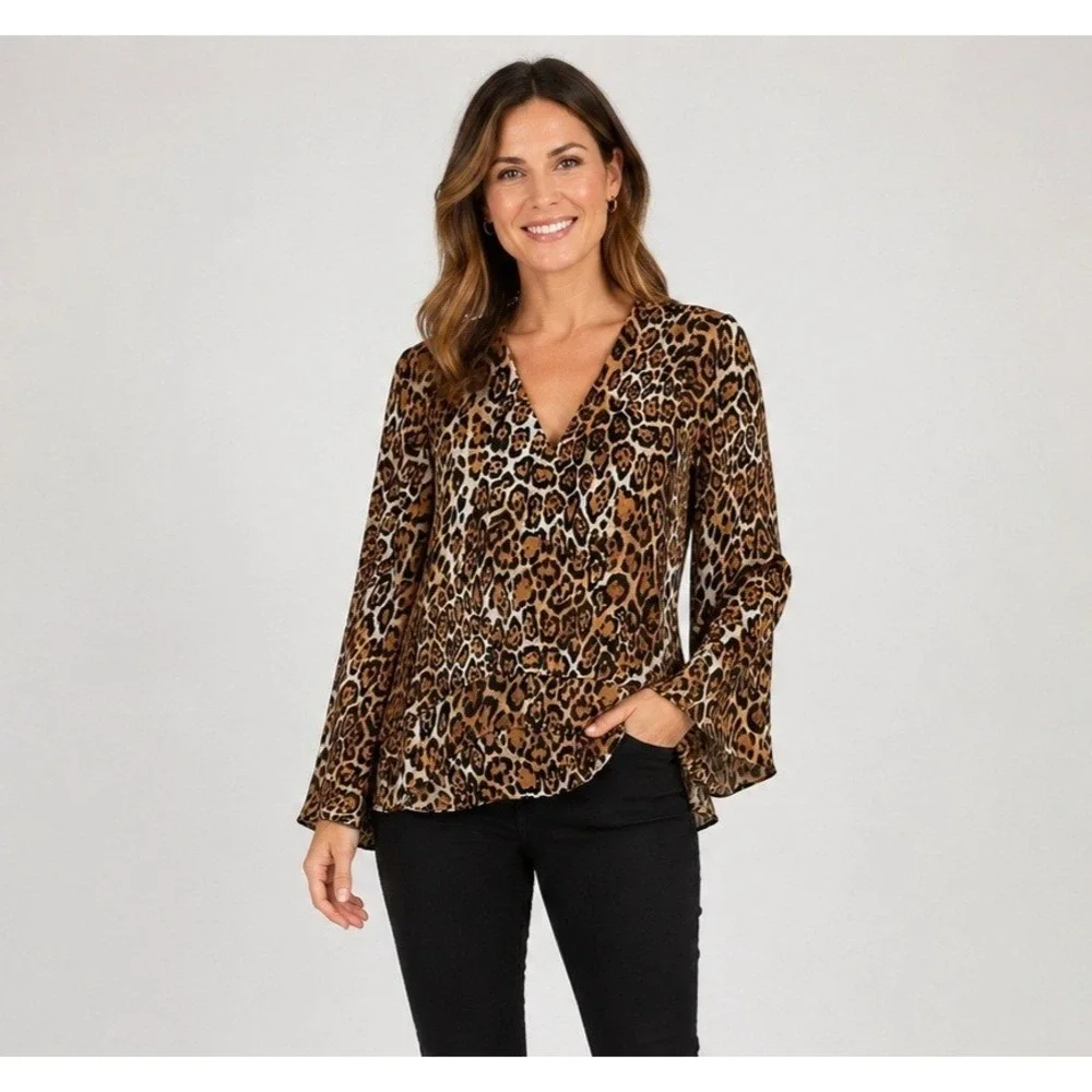 Boston Proper Top Womens 2 Brown Animal Print Mob Wife Satin Polyester - Picture 1 of 16